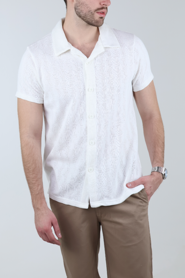 Camisa Blanca Casual Hombre Tejido De Punto Manga Corta Ligera